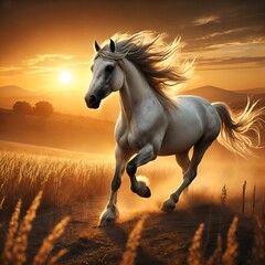 Golden horse galloping through fields at sunset