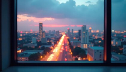 Blurred cityscape view from window, empty room, gloomy, apartment