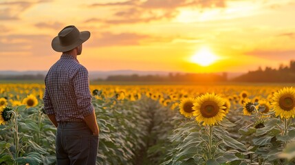 Fototapeta premium Photograph of a farmer stands in a sunflower field under a golden sunset.