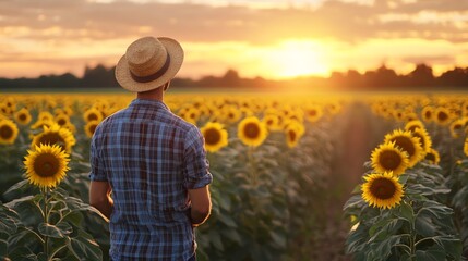 Fototapeta premium Photograph of a man in a checkered shirt stands in a sunflower field during a sunset.