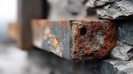 Rusted metal beam in stone wall