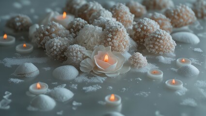 Spa candles and flowers in water for relaxation and meditation zen like atmosphere calm
