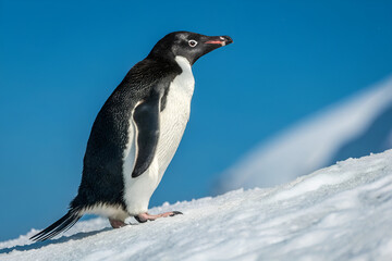 Naklejka premium Close up of an Adelie penguin on blue background.