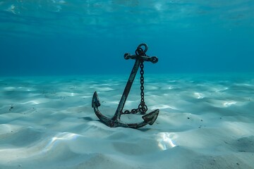 Anchor's underwater realm: A lone anchor rests on the sandy seabed. Illuminated by the radiant sunlight, this image captures a sense of maritime mystery.