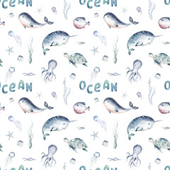 Watercolor seamless pattern with underwater world Bright fish, whale, shark dolphin starfish animals. Jellyfish seashells. Sea and ocean fish life background