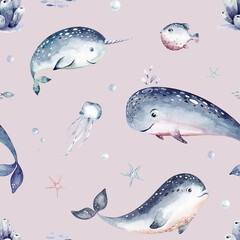 Watercolor seamless pattern with underwater world Bright fish, whale, shark dolphin starfish animals. Jellyfish seashells. Sea and ocean fish life background