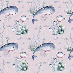Watercolor seamless pattern with underwater world Bright fish, whale, shark dolphin starfish animals. Jellyfish seashells. Sea and ocean fish life background