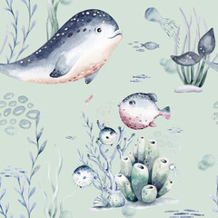 Watercolor seamless pattern with underwater world Bright fish, whale, shark dolphin starfish animals. Jellyfish seashells. Sea and ocean fish life background