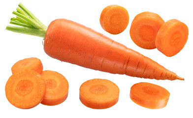 Set of red carrot and round carrot slices isolated on white background. File contains clipping paths.