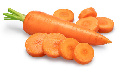 Red carrot with round carrot slices isolated on white background. File contains clipping paths.