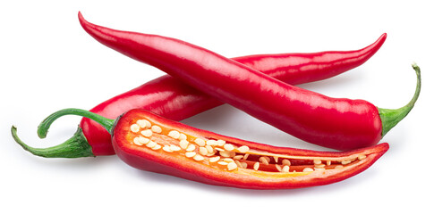 Red hot chilli peppers and half of pepper isolated on white background. File contains clipping paths.