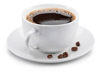 Cup of coffee on white plate and several coffee beans near it on white background. File contains clipping path.
