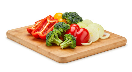 A colorful assortment of freshly chopped raw vegetables arranged on a natural wooden cutting board, isolated against a clean white background