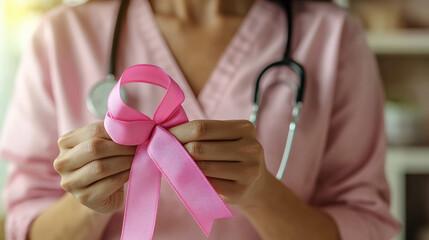 A healthcare professional gently holds a pink ribbon, a symbol of breast cancer awareness and support