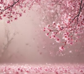 Abstract pink sakura petals gently falling against a dreamy, blurred background ,  japanese,  pink blossom,  wallpaper