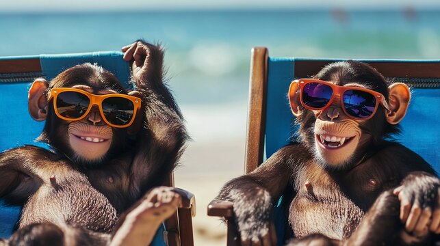Playful chimpanzees relaxing in beach chairs.