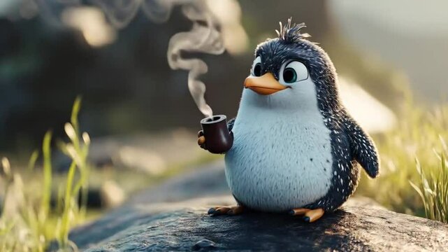 A cute cartoon penguin enjoys a steaming cup of hot beverage, perched on a rock in a grassy landscape