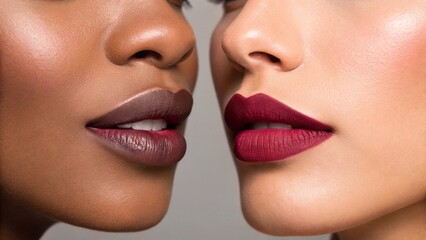 A close-up shows two faces with different skin tones, both featuring lips perfectly made up with a beautiful berry-toned lipstick, highlighting beauty in diversity.
