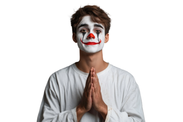 Young male clown with face paint and red nose posing with hands together in a gesture of prayer, on a neutral background, showcasing expressive emotion and creativity