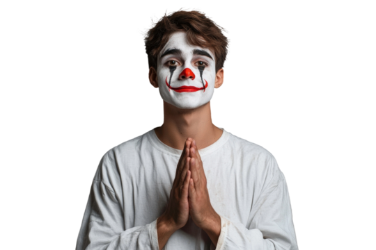 Young male clown with face paint and red nose posing with hands together in a gesture of prayer, on a neutral background, showcasing expressive emotion and creativity