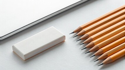 Obraz premium A set of sharp wooden pencils and a clean white eraser are neatly arranged on a light surface next to a laptop edge, perfect for themes of creativity, education, or office work. 