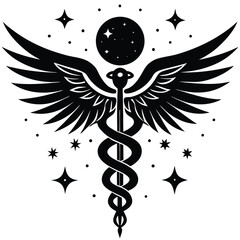 Fototapeta premium Caduceus Medical Symbol vector Silhouette illustration Moon and stars around silhouette caduceus