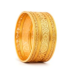  Wide gold bangle with cutwork and floral etching clean jewelry photo  white background.