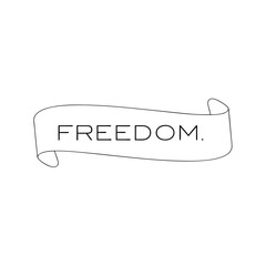 Simple illustration depicting the word freedom written on a stylized banner against a white background in a minimalist aesthetic.