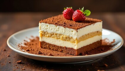 Individual tiramisu portion, rich and decadent, dusted with cocoa , high resolution, sweet, food photography