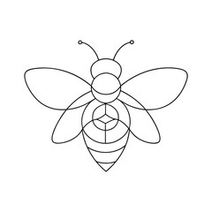 Minimalist geometric line art illustration depicting a stylized bee insect with abstract circular and cube shapes