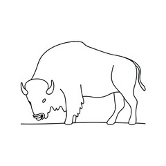 A simple line art illustration of a powerful american bison grazing in a natural environment or prairie