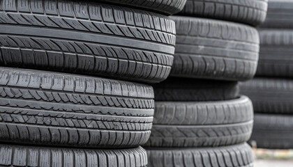 Stack of worn-out car tires. Automotive waste. Recycling and environmental impact concept.