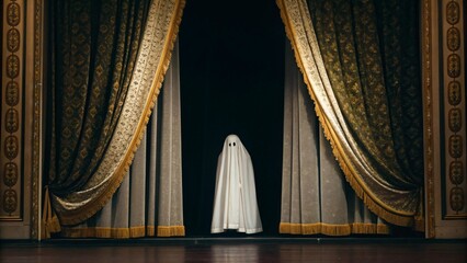 Revealed by the opening curtains, a figure in a classic ghost costume is spotlighted on a dark stage, evoking a sense of eerie mystery and theatrical suspense.
