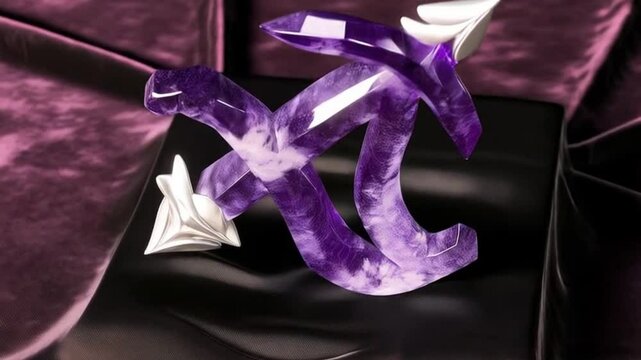 A 3D figurine of the zodiac sign Sagittarius, depicting a centaur archer made of amethysts and gold, bow drawn with glowing crystal arrow, dynamic and bold on black background