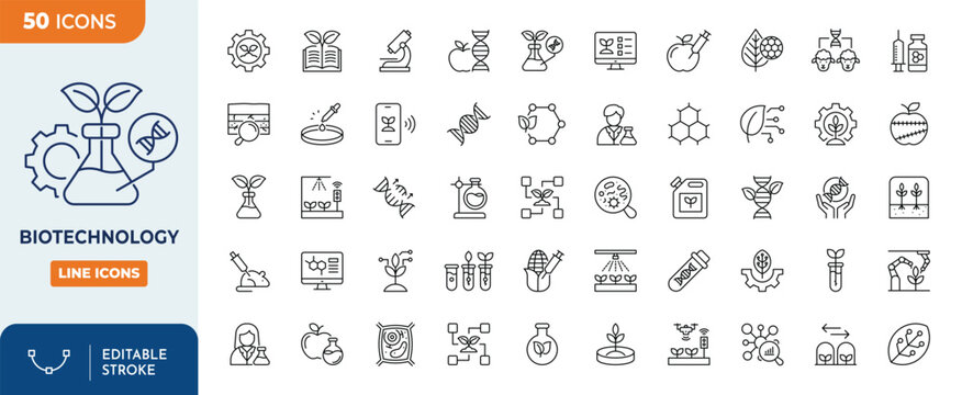 Biotechnology icon set. Contains icons related to biotechnology, biochemistry, farming, science, and more. Outline Icon Collection. Vector illustration. Editable stroke	
