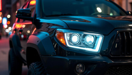Close-up of SUV LED headlights in urban night setting
