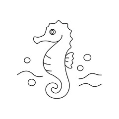 Simple black and white illustration of a seahorse swimming in the ocean with bubbles and waves around