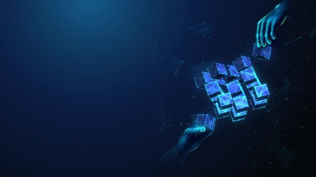 Lowpoly Hands Assembling Blockchain Cubes Seamless Animation on the Right. Blockchain technology and cryptocurrency fintech solution animated looped concept by wireframe mesh on blue background