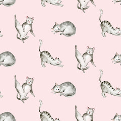 Watercolor Seamless Pattern with cute cartoon cats for Children on the white background. Kids scrapbooking paper and wallwaper design.