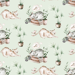 Watercolor Seamless Pattern with cute cartoon cats for Children on the white background. Kids scrapbooking paper and wallwaper design.