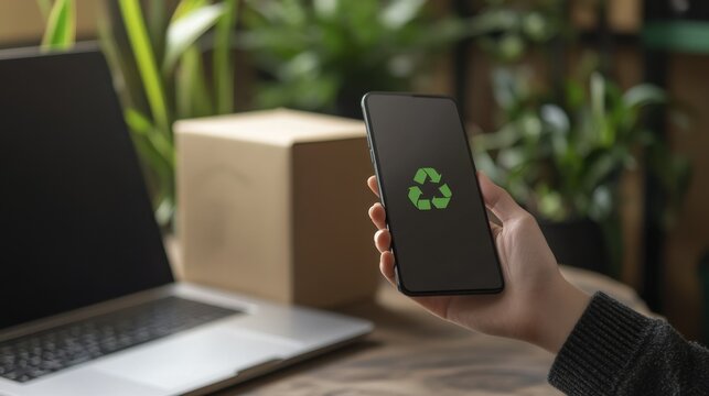 Person holding a cellphone displaying a recycling logo with box and laptop in view; sustainable lifestyle practices