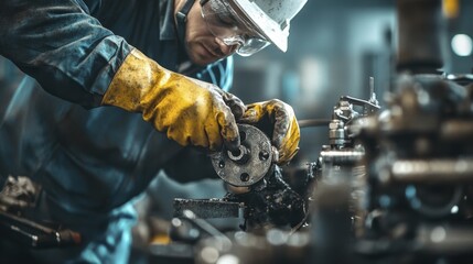 Man in safety gear carefully working on machinery, inspecting parts and making adjustments in industrial factory setting