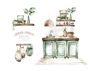 Hand paint watercolor scandinavian modern kitchen set. Isolated furniture for interior. Food theme. Vintage interior bohemian background with mid century modern furniture Interior Decor Scene.Cozy 