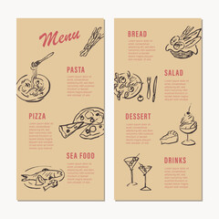 Cafe and  restaurant menu template, line art food drawings