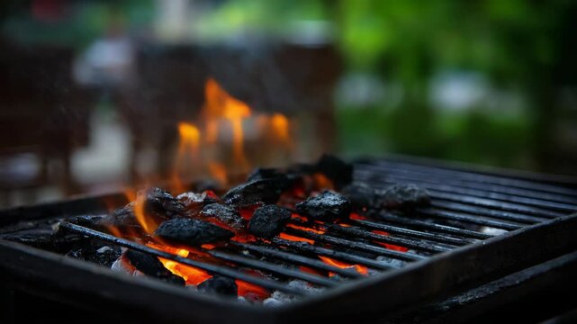 Sizzling barbecue with flames and grilled meat on a summer day outdoor.
