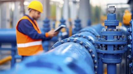 Asian Worker Inspects Industrial Pipeline, Wearing Hard Hat and Orange Vest, Focus on Blue Pipes and Valves