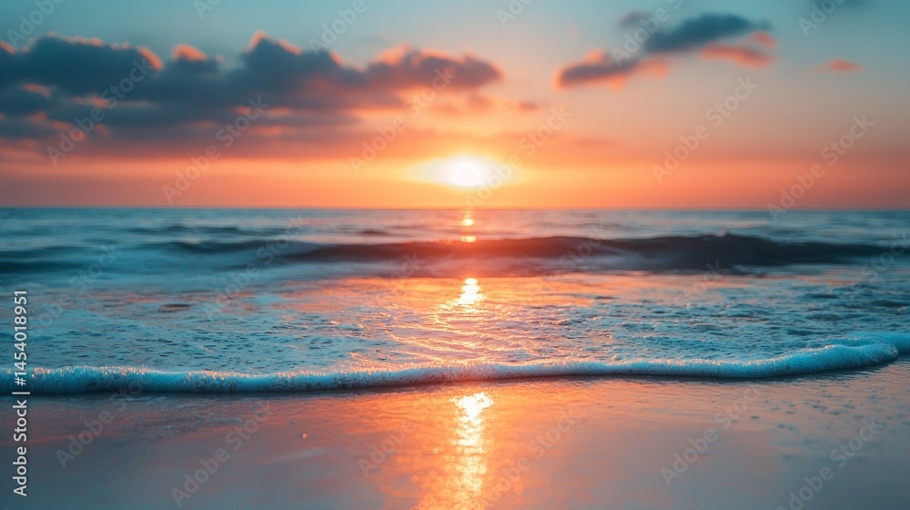 Poster the sun sets on the horizon, casting warm hues across the sky. gentle waves lap at the shore, creati
