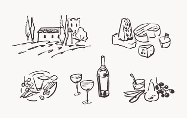 Line art drawings, wine and charcuterie illustrations