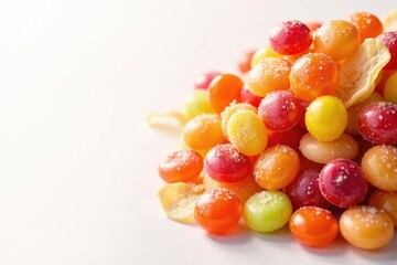 Pile of colorful candy, chips, and soda on white background, lollipop, confectionery, sugar