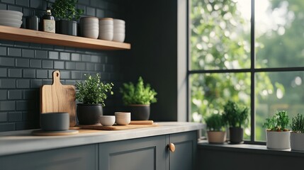 Stylish modern kitchen interior with greenery and natural light.